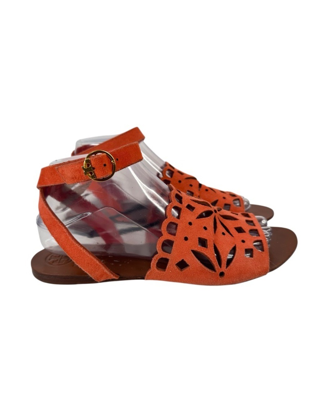Tory Burch May Flat Sandals Orange Cutout Leather Ankle Strap Size 8